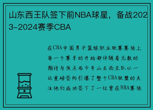 山东西王队签下前NBA球星，备战2023-2024赛季CBA