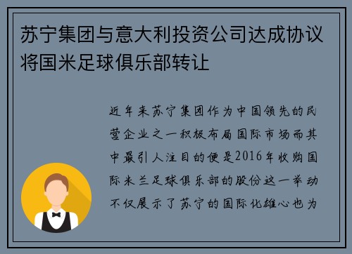 苏宁集团与意大利投资公司达成协议将国米足球俱乐部转让