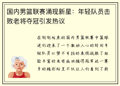 国内男篮联赛涌现新星：年轻队员击败老将夺冠引发热议